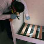 Colorado Pest Management technician with flashlight looking under mattress