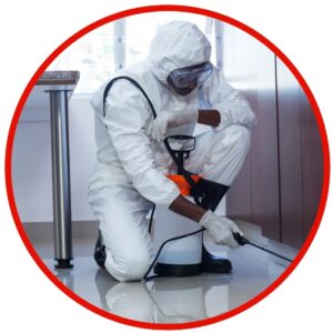 pest control employee spraying office