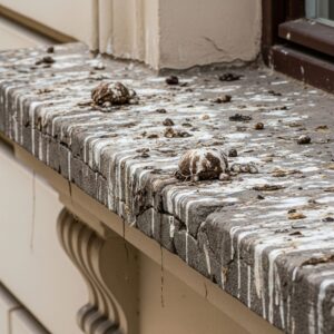 Accumulated bird droppings on a building ledge