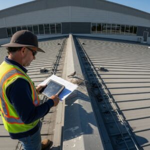 technician inspecting a commercial roof as part of a bird management service