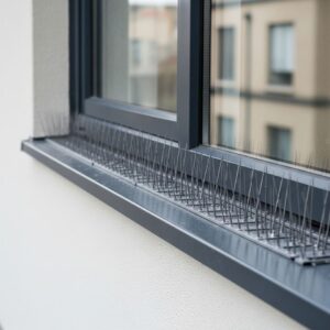 bird spikes installed on a building ledge as a humane bird control deterrent