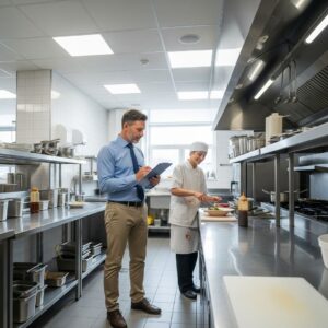 health inspector evaluating a commercial kitchen