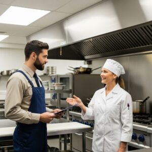 professional pest management technician consulting with a restaurant manager