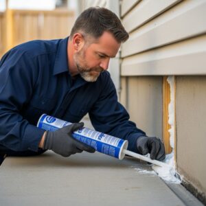 certified technician performing wildlife exclusion by sealing a home's entry point