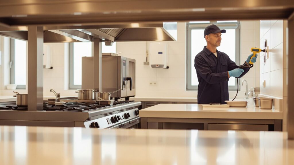 Professional pest control technician inspecting a clean restaurant kitchen