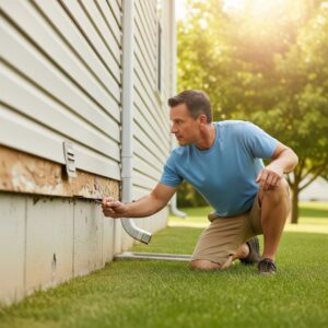 Homeowner inspecting the exterior of their house for cracks and gaps.