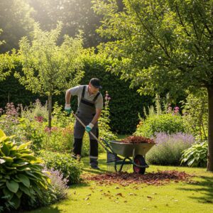 Gardener raking leaves and trimming bushes for outdoor pest prevention.
