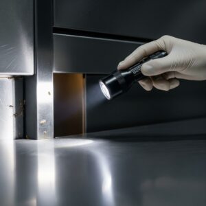 Hand with flashlight inspecting a kitchen crevice for pests