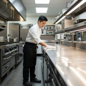 Commercial kitchen staff cleaning stainless steel surfaces