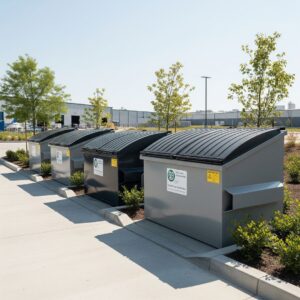 Securely closed commercial dumpsters in a clean waste area