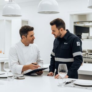 Restaurant manager consulting with a pest control professional