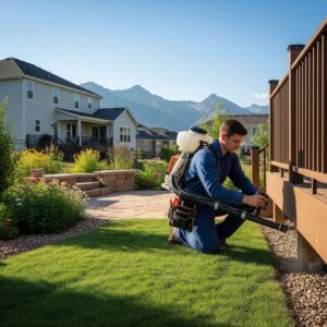 tech spraying outside of the house