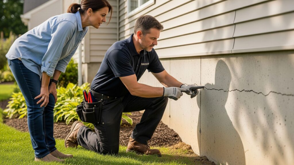 Homeowner looknig at crack in wall with tech