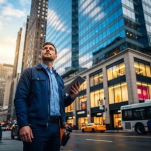 Tech looking up at building