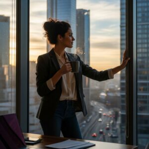 Woman looking outside of building window