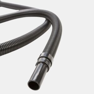 A black, corrugated vacuum cleaner hose featuring a rigid cylindrical nozzle at the end.